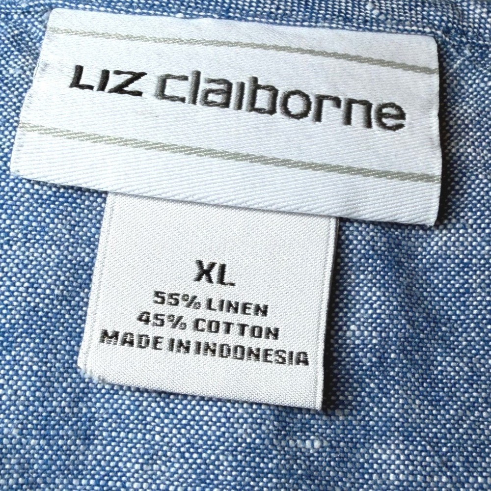 Liz Claiborne Womens Size XL Blue Linen Blend Peasant Blouse Roll Tie Sleeve Top - Picture 4 of 10